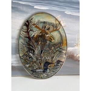 AMIA Handpainted Glass Suncatcher Moose Loon Ducks Wildlife Oval Art Decor 8"